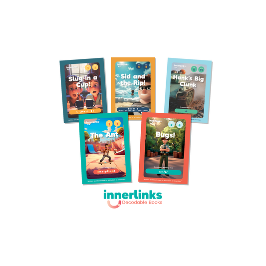 A selection of Innerlinks decodable books displayed with the Innerlinks logo underneath