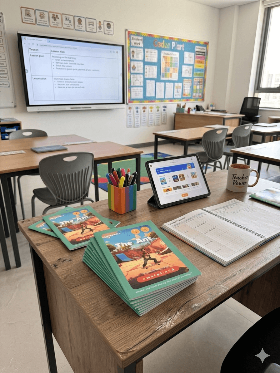 A classroom teacher's desk with a pile of Innerlinks decodable books ready for structured literacy lessons