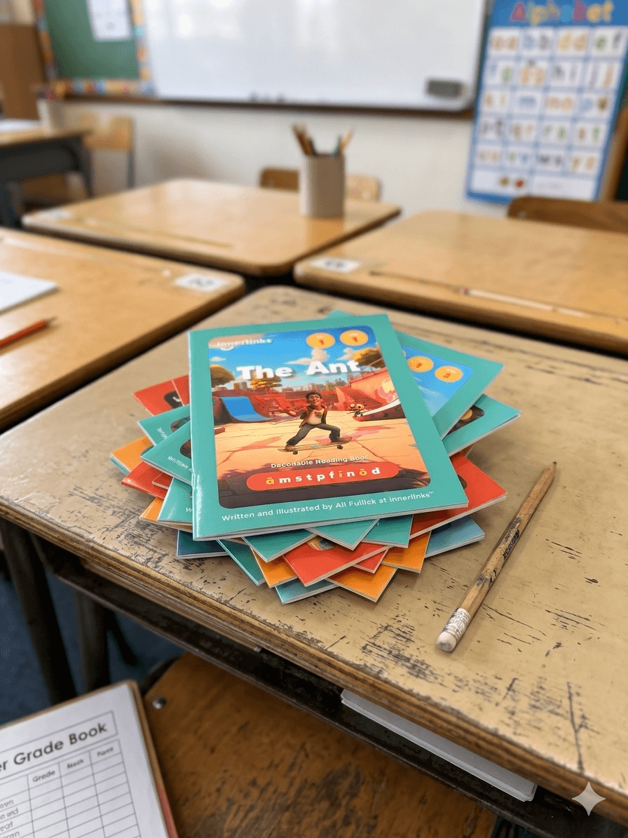 A stack of Innerlinks decodable books on a classroom desk ready for a structured literacy lesson in a New Zealand school