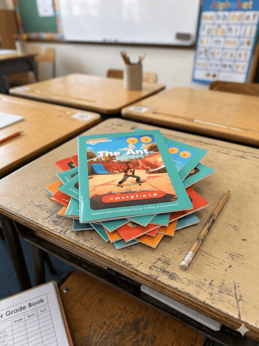 A stack of Innerlinks decodable books on a classroom desk ready for a structured literacy lesson in a New Zealand school