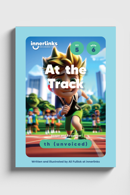 At the Track decodable book cover, Set 5 Book 6, phonics focus th (unvoiced), Innerlinks
