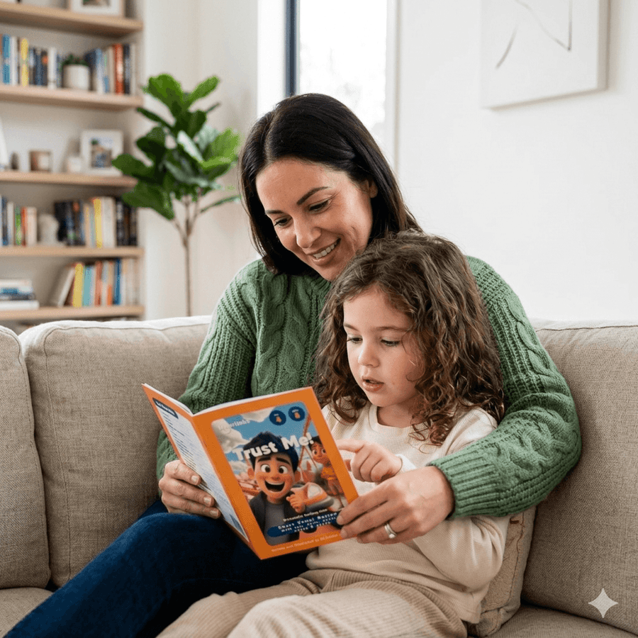 Parent and child reading an Innerlinks decodable book at home