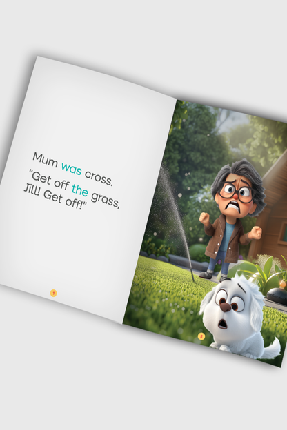 Animated book page with a character and dog on a grassy lawn, featuring text.