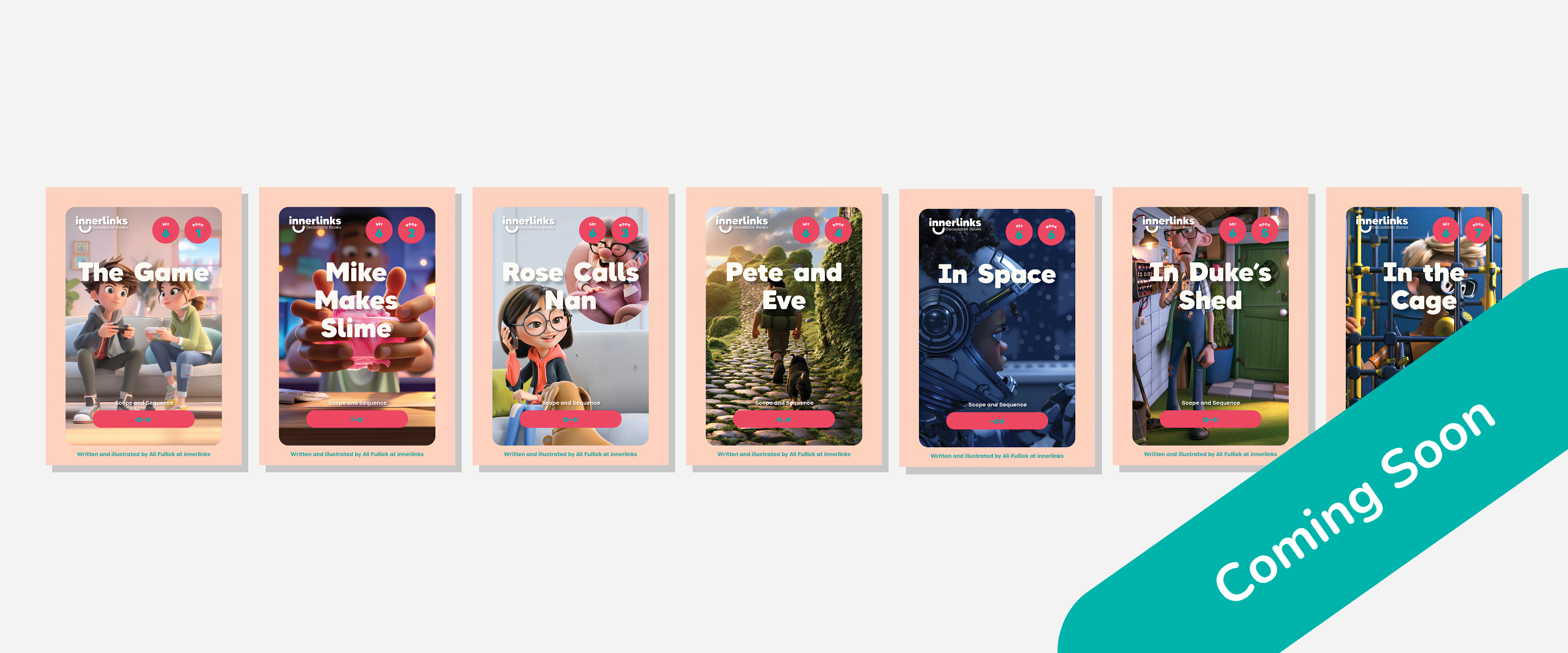 Six colorful book or card-style covers are lined up on a light gray background, with a teal diagonal banner in the lower right reading 'Coming Soon.' The covers show titles including 'The Game,' 'Mike Makes a Slime,' 'Rose Calls Nick,' 'Pete and Eve,' 'In Space,' 'In Duke's Shed,' and 'In the Cage.