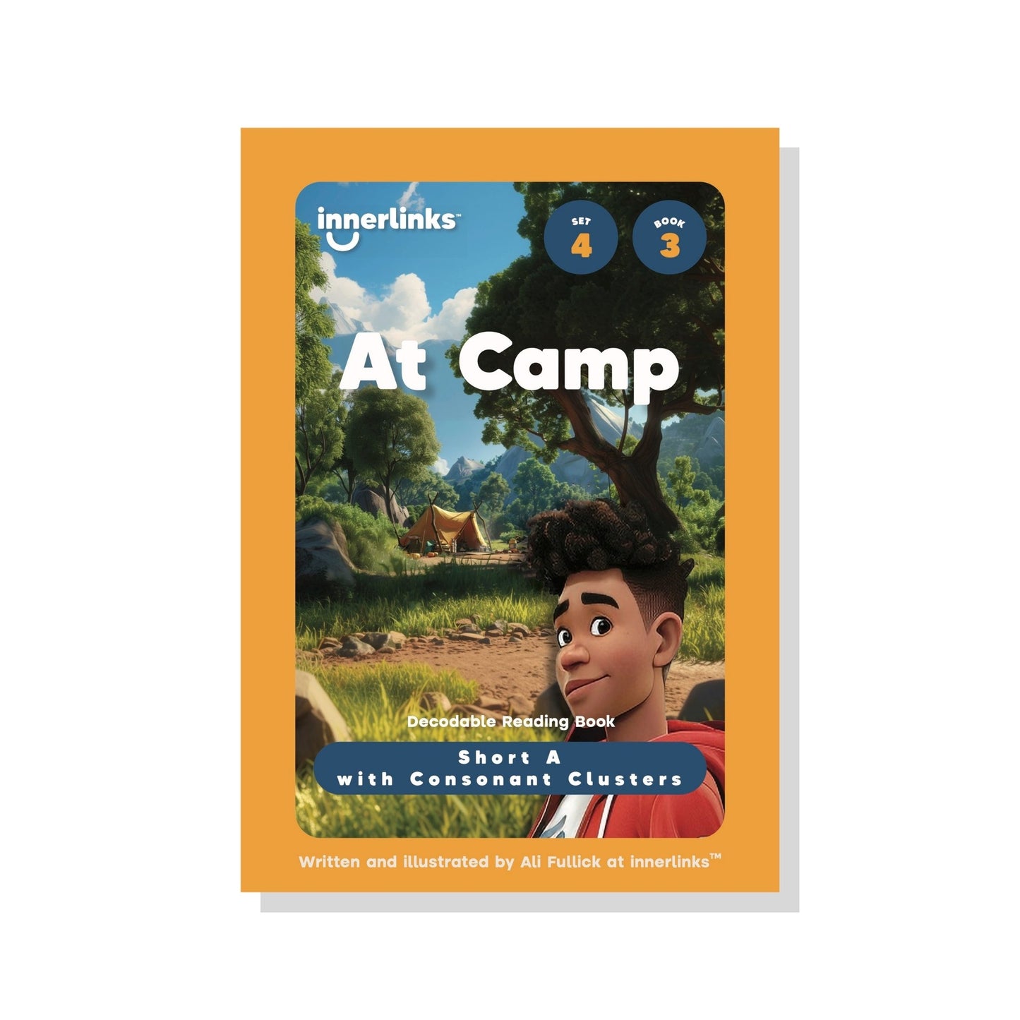 Book cover of 'At Camp' by Innerlinks with a child at a campsite illustration.