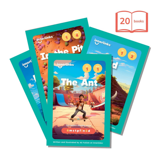 Set 1 Classroom Bundle - 20 books - Focuses on: a, m, s, t, p, f, i, n, o d Innerlinks Decodable Books