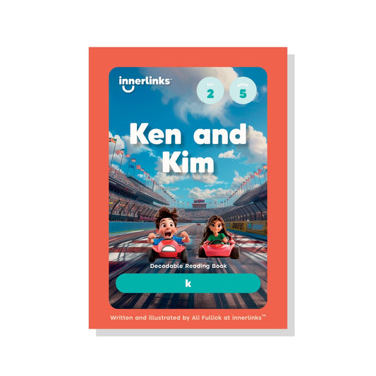 Book cover of 'Ken and Kim' by Innerlinks with cartoon characters on a racetrack.