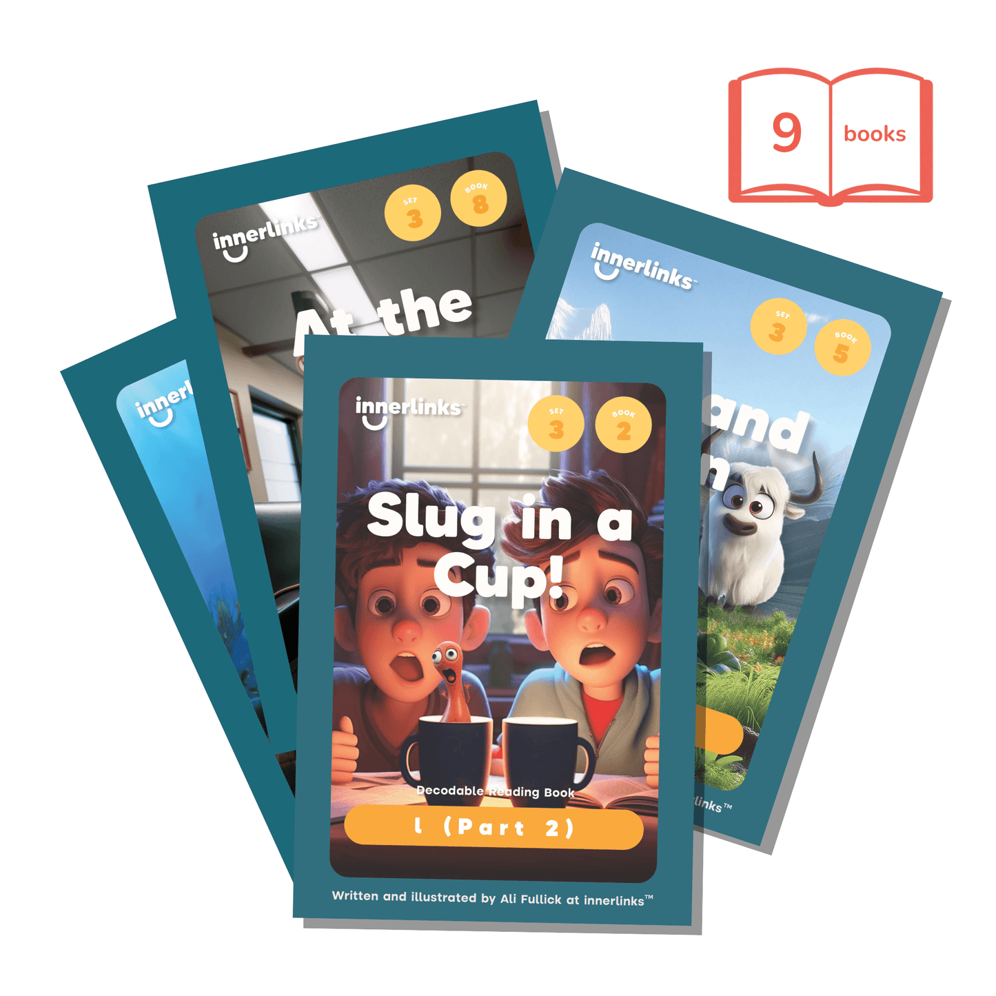 Set of 9 children's books on white background