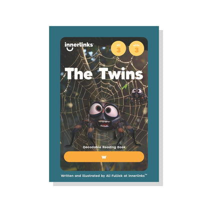 Book titled 'The Twins' by innerlinks with spider illustration on a white background