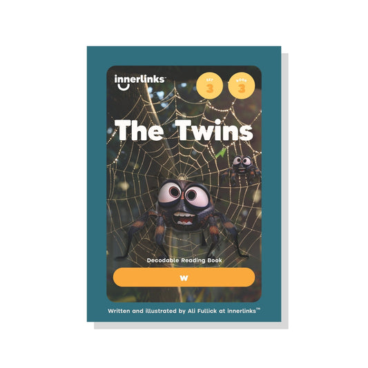 Book titled 'The Twins' by innerlinks with spider illustration on a white background