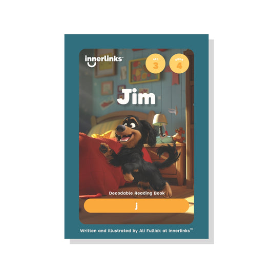 Decodable reading book titled 'Jim' by innerlinks with a cartoon dog on the cover.