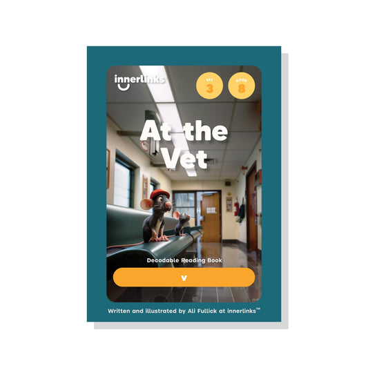 Book cover titled 'At the Vet' by innerlinks with a dog in a veterinary clinic.