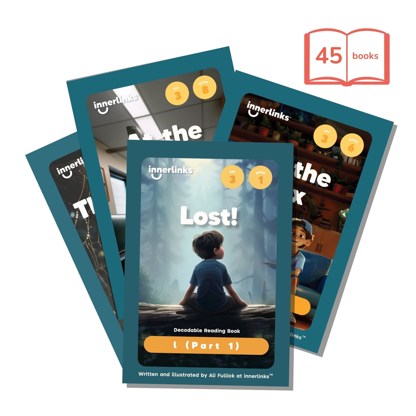 Stack of 'Lost!' books by Innerlinks with a promotional icon indicating 45 books.