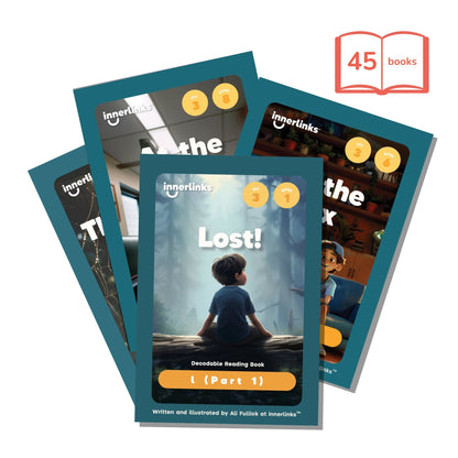 Stack of 'Lost!' books by Innerlinks with a promotional icon indicating 45 books.