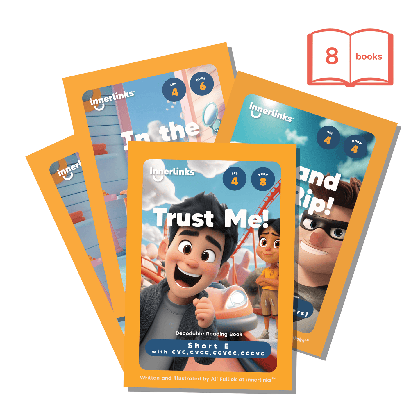 Set of children's books with colorful covers on a white background