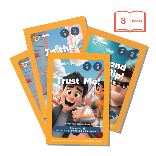 Set of children's books with colorful covers on a white background