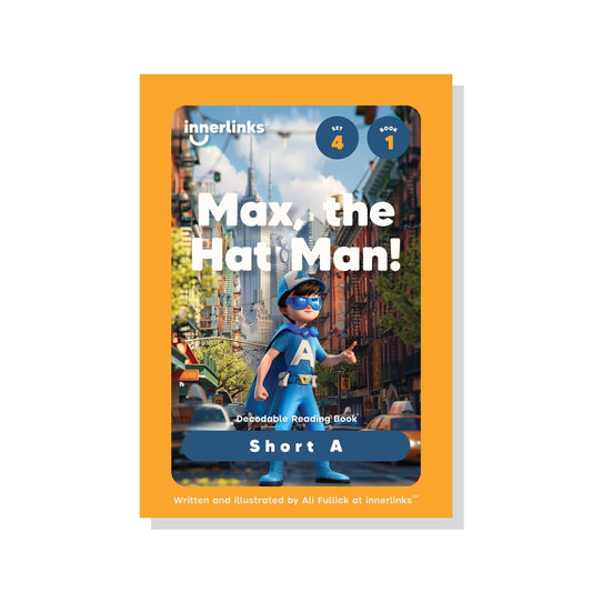 Book cover of 'Max, the Hat Man!' with a superhero character on a city street.