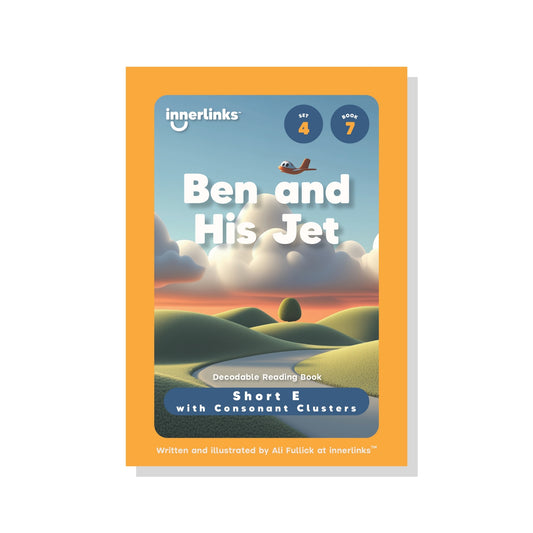 Book cover of 'Ben and His Jet' by Innerlinks with a scenic illustration and airplane on a white background.