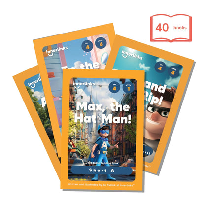 Set of children's books with colorful covers on a white background