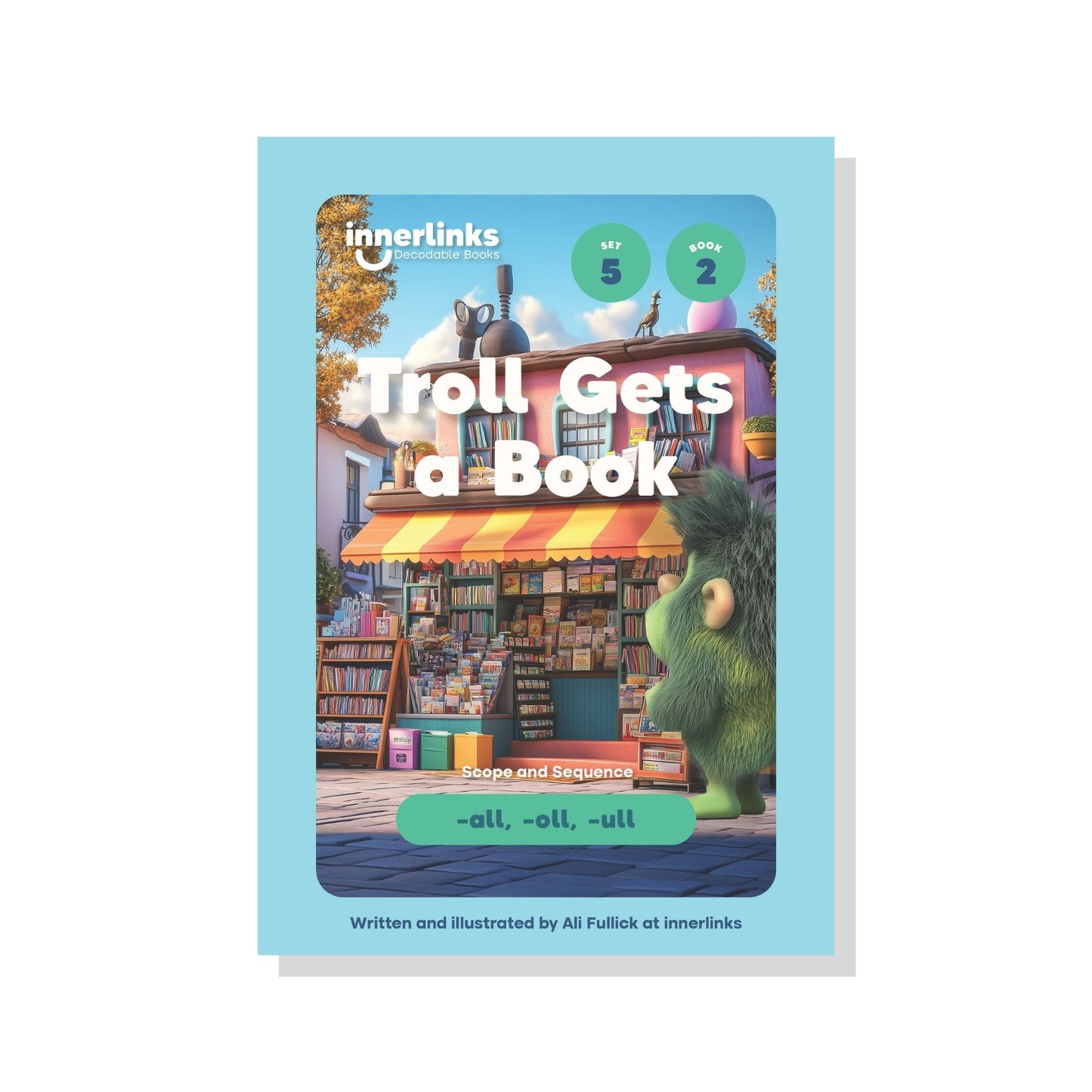 Book cover of 'Troll Gets a Book' by innerlinks with a colorful illustration of a troll and bookstore.