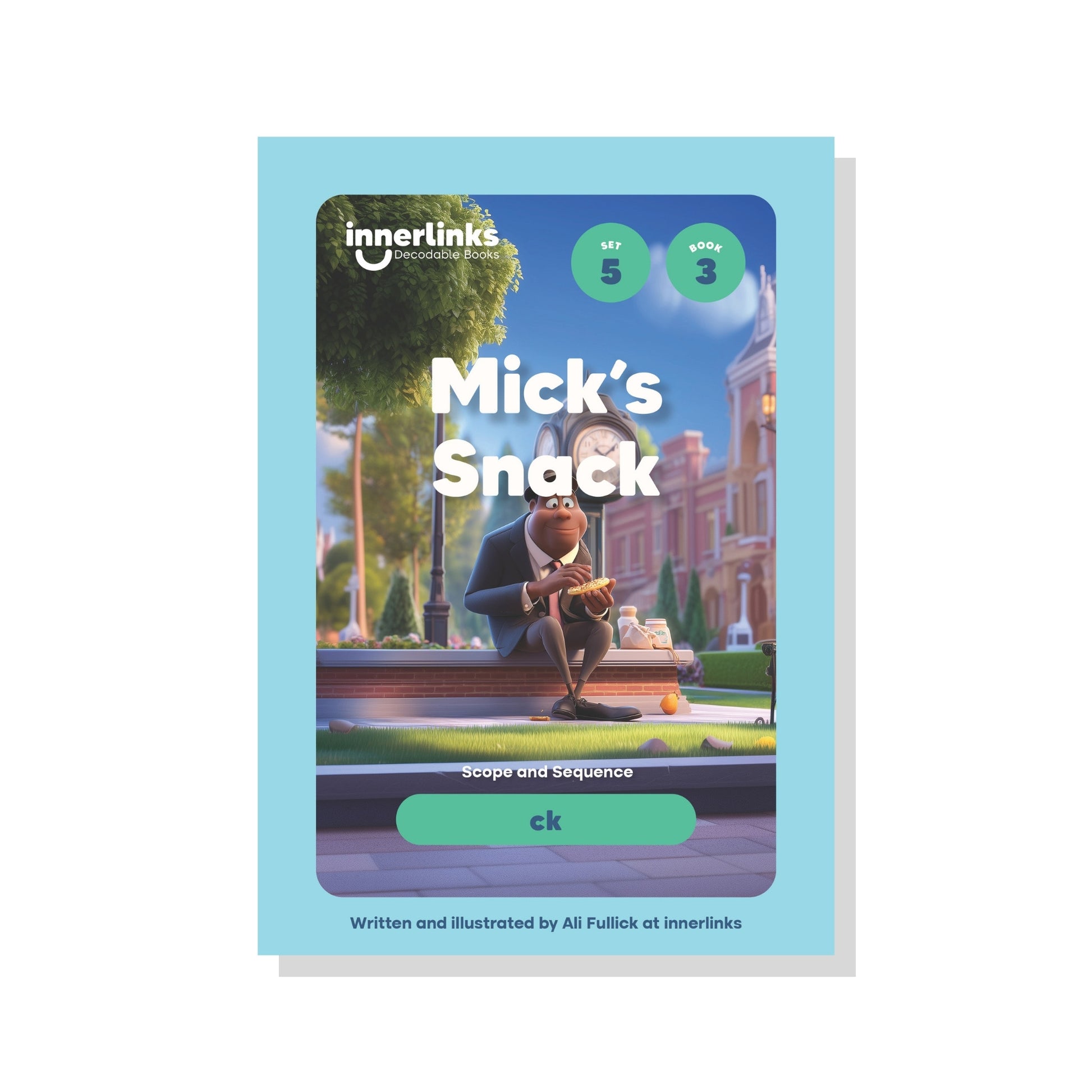 Book cover of 'Mick's Snack' by innerlinks with a character on a bench.