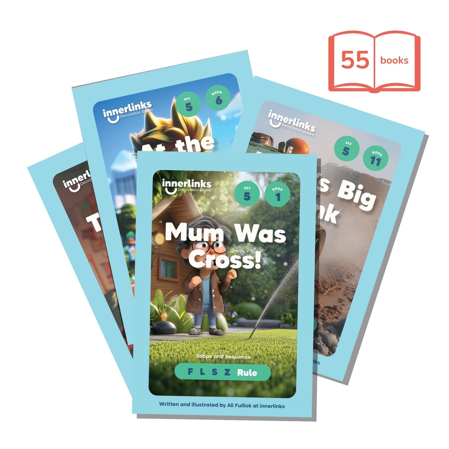 Collection of children's books with a focus on one titled 'Mum Was Cross!' on a white background.