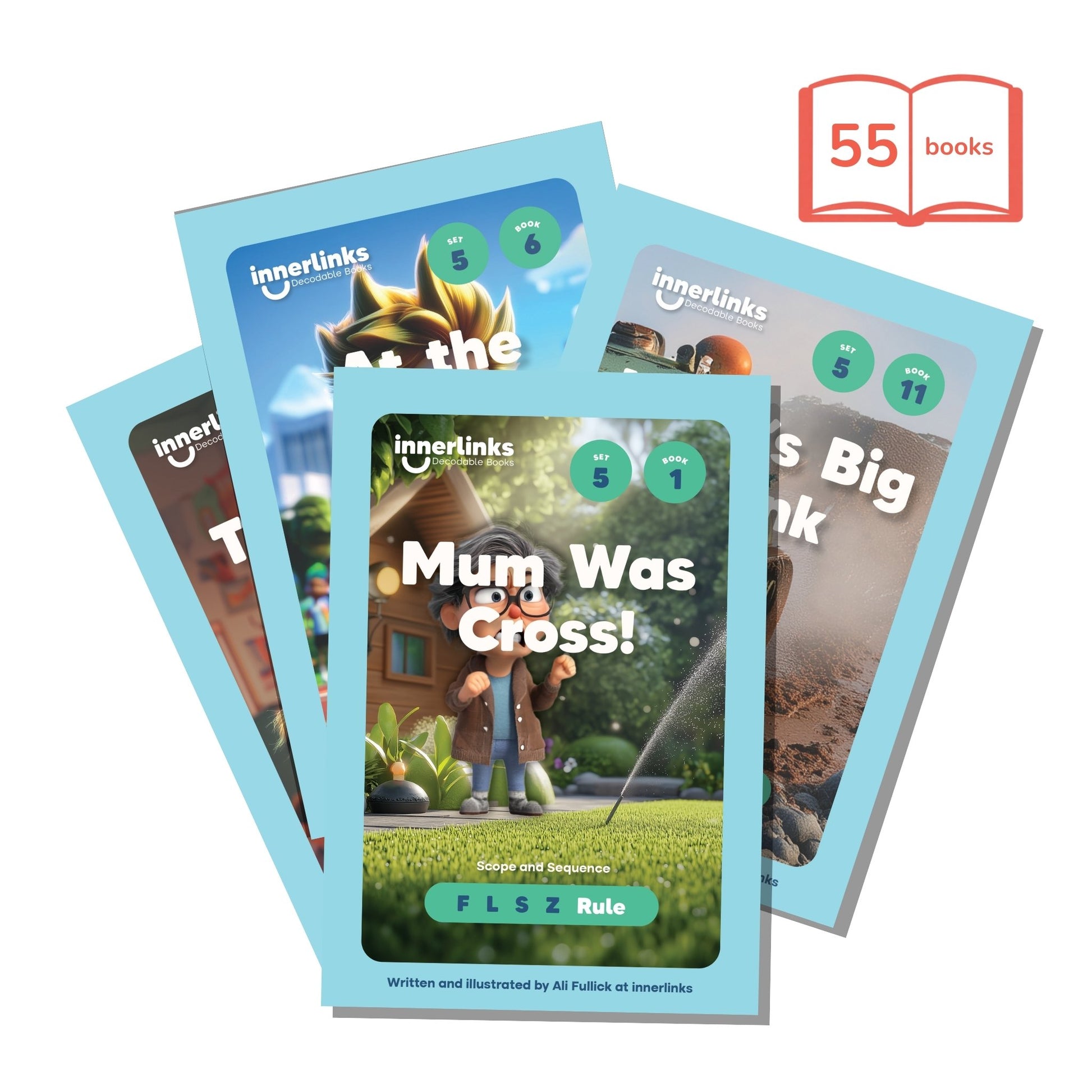 Collection of children's books with a focus on one titled 'Mum Was Cross!' on a white background.