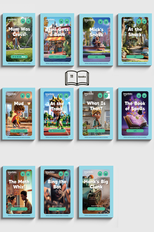 Set 5 Bundle - 11 Books - Consolidates: FLSZ Rule, -all, -ull, -oll, ck, sh, th (v), th (unv), ch, wh, ph/f, ng, nk Innerlinks Decodable Books