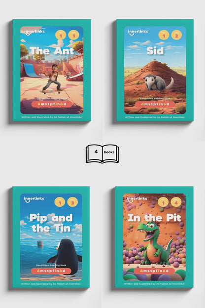Set 1 Classroom Bundle  - 5 of each Title - 20 Books - Focuses on: a, m, s, t, p, f, i, n, o d Innerlinks Decodable Books