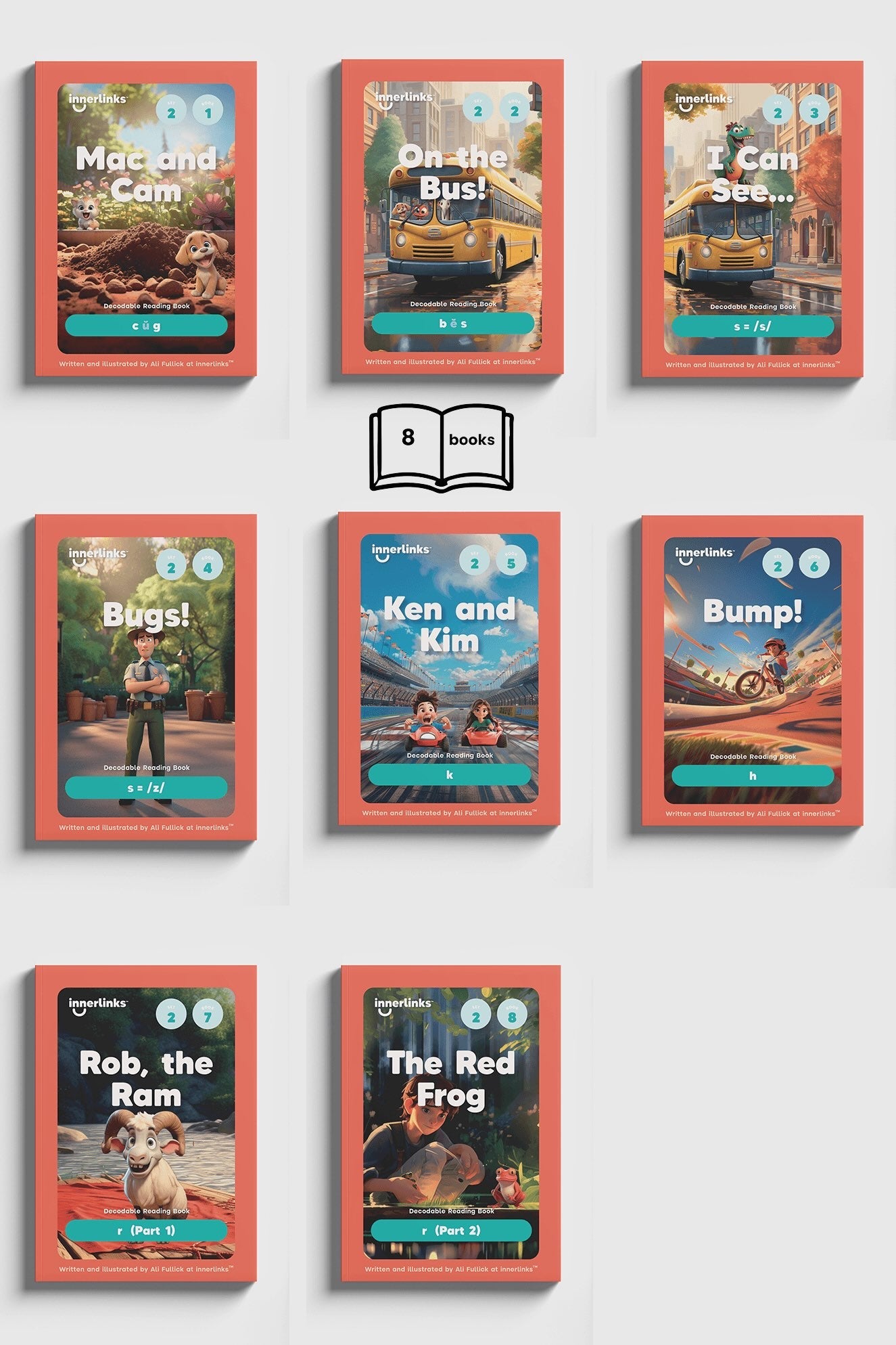 Set 2 Bundle - 8 Books - Consolidates c, u , g, b, e, s, s = s suffix, s = z, k, h, r Innerlinks Decodable Books