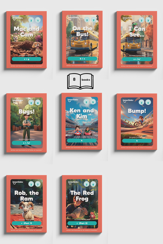 Set 2 Classroom Bundle - 5 of Each Title - 40 Books - (c, u, g),( b, e s), s = s suffix, s = z, k, h, r Innerlinks Decodable Books