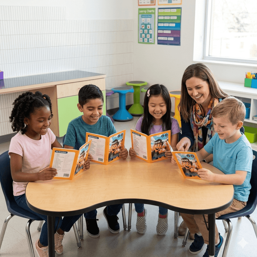 Teacher using Innerlinks decodable books in a classroom setting